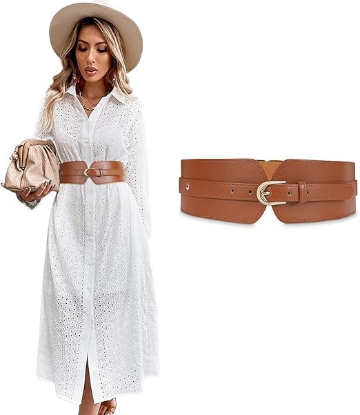 Women's Fashion PU Width Belt, Ladies Metal Buckle Design Belt Interlocking Buckle Vintage Blouse Blazer Dress Belt Stretch Cinch Belt for Women (Brown,26-31 inches)