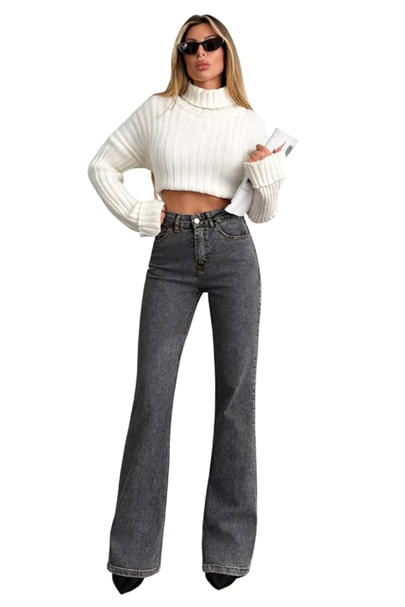 KOTTY Women High Waist Bootcut Jeans Stretch Denim Slim Fit Flare Bottom Casual Jeans