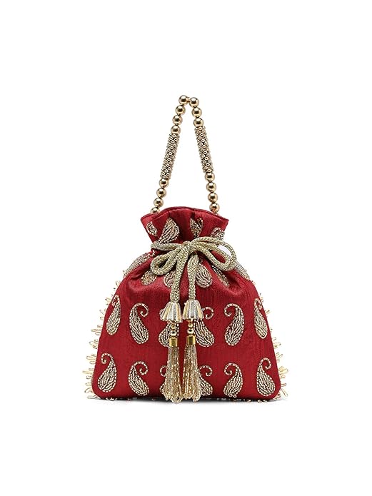 Lavie Signature Women's Ely Paisley Embellished Potli Bags for Ladies & Girls | Women Pouches for Festive Seasons & Wedding | Batwa Bag Bridal Purse | Gift For Women