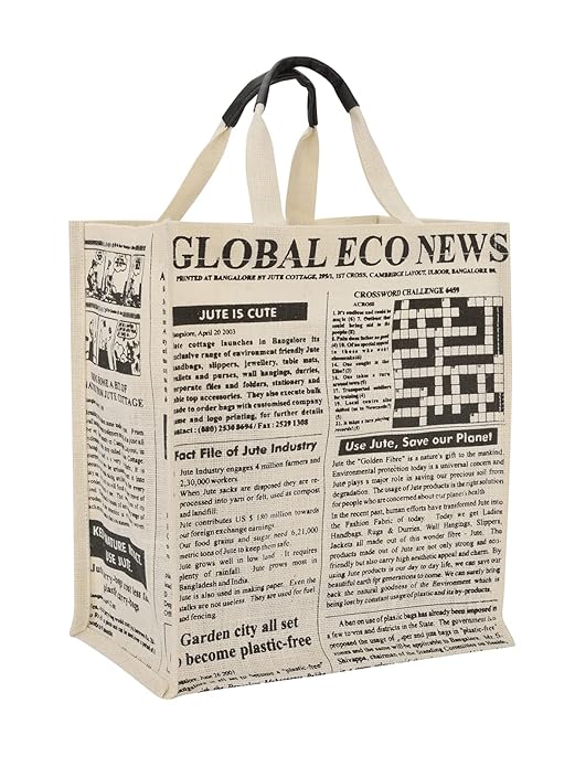 Jute Cottage Eco-Friendly Lunch & Shopping Bag for Men & Women | 15x13x8 in White Jute with Newspaper Print | Handcrafted Sustainable Tiffin & Carry Tote for Office, Travel, Daily Use