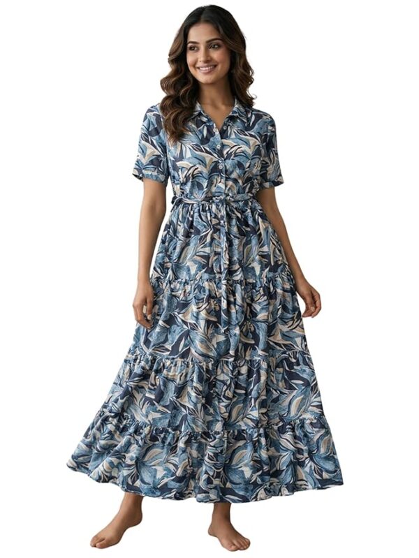 Bollyclues Women’s Crepe Fabric Printed Maxi Dress for Women| Lightweight, Breathable & Flowy | Short Sleeve Button-Down Casual Dress with Waist Tie | Stylish Summer & Vacation Wear